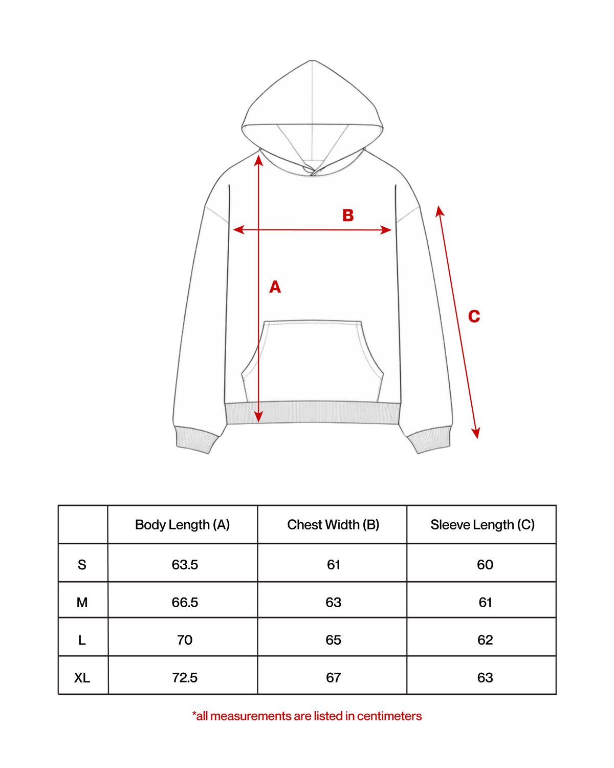 Size chart for B*Star Hoodie