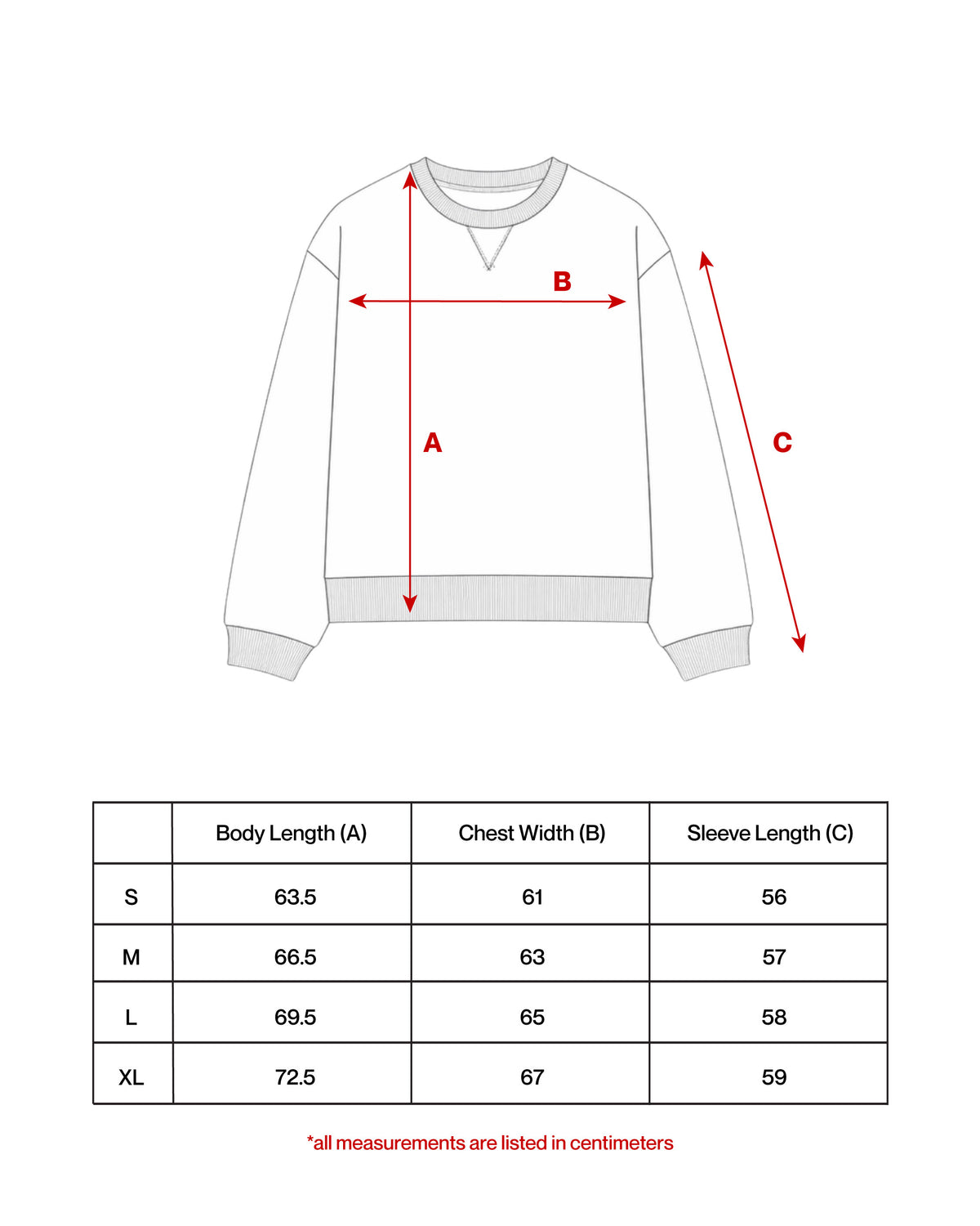 Size chart for Bulldog Crewneck
