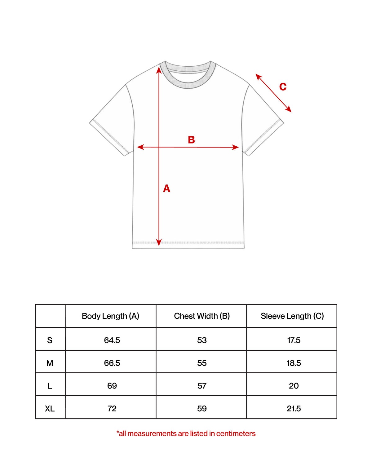 Size chart for The Pack Tee